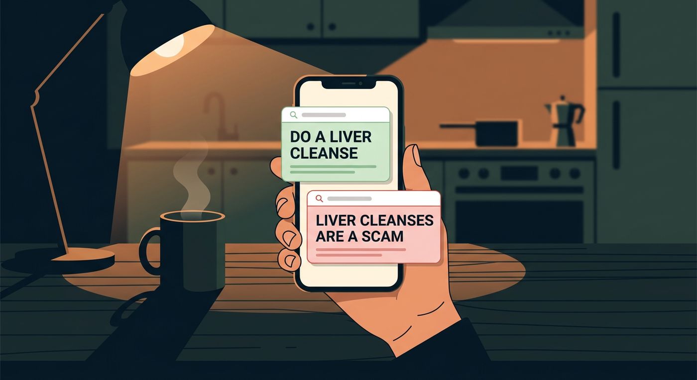 Phone showing two contradictory liver-cleanse search results