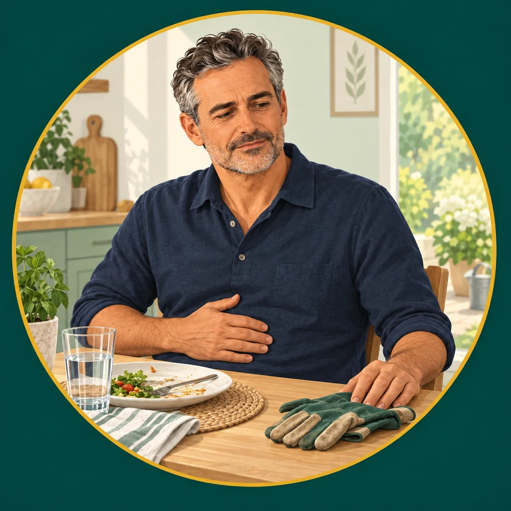 Fictional illustration of a man pausing at the kitchen table after a meal