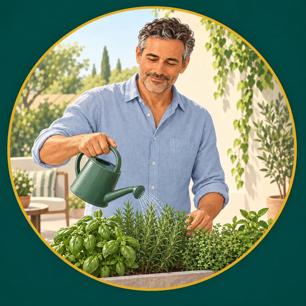 Fictional illustration of the same man tending herbs on a patio