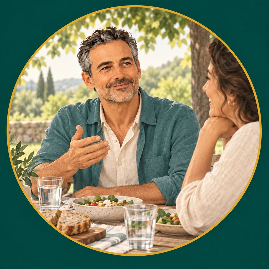 Fictional illustration of the same man enjoying an outdoor picnic with friends