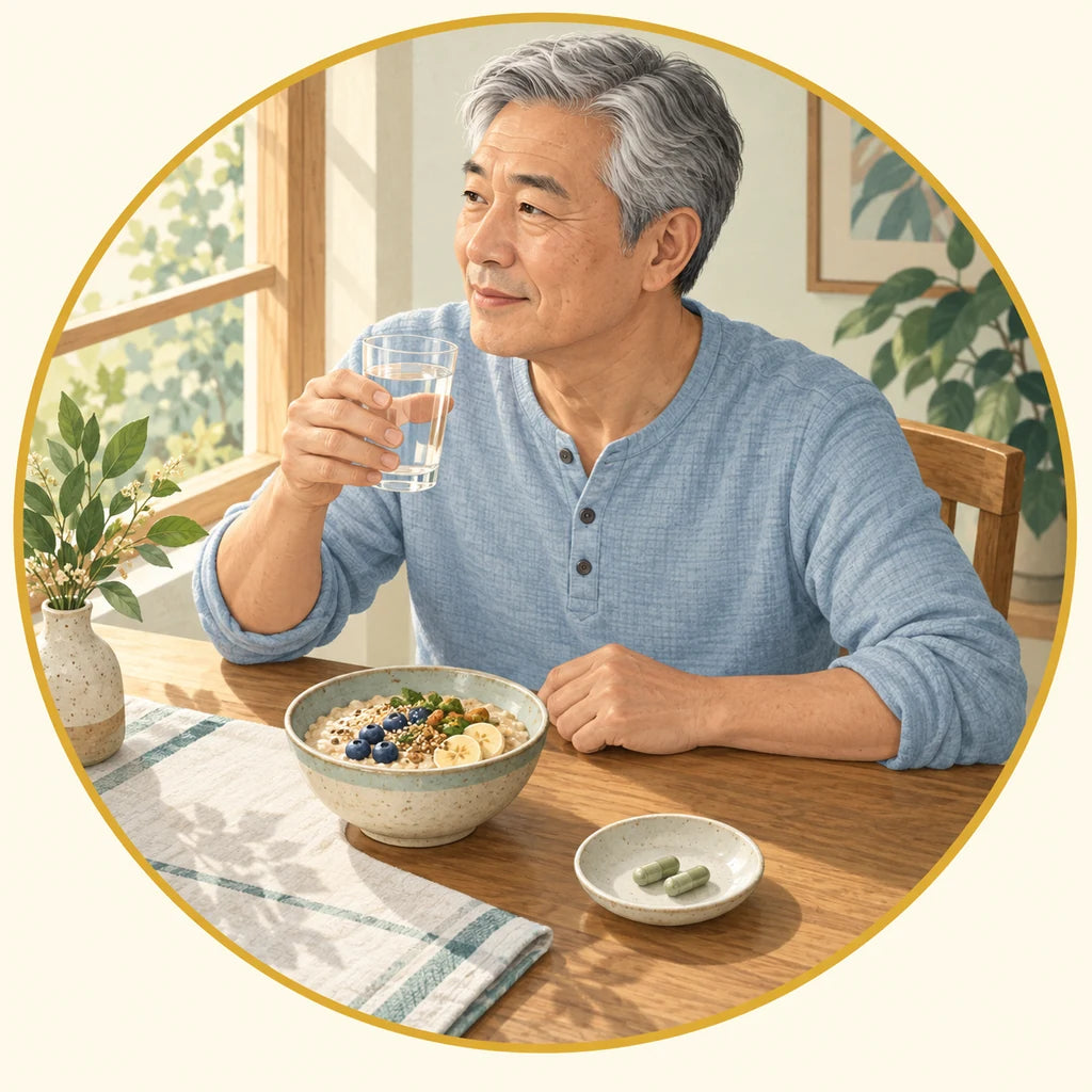 Illustration of a silver-haired man in a blue shirt taking two capsules with breakfast