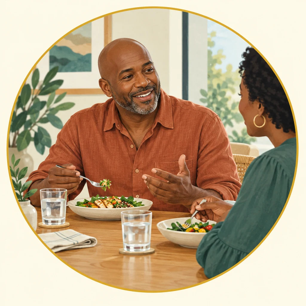 Illustration of a man in a rust-colored shirt sharing an ordinary meal with a companion