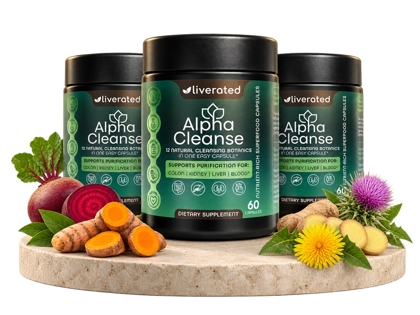 Three AlphaCleanse bottles representing a 90-day supply