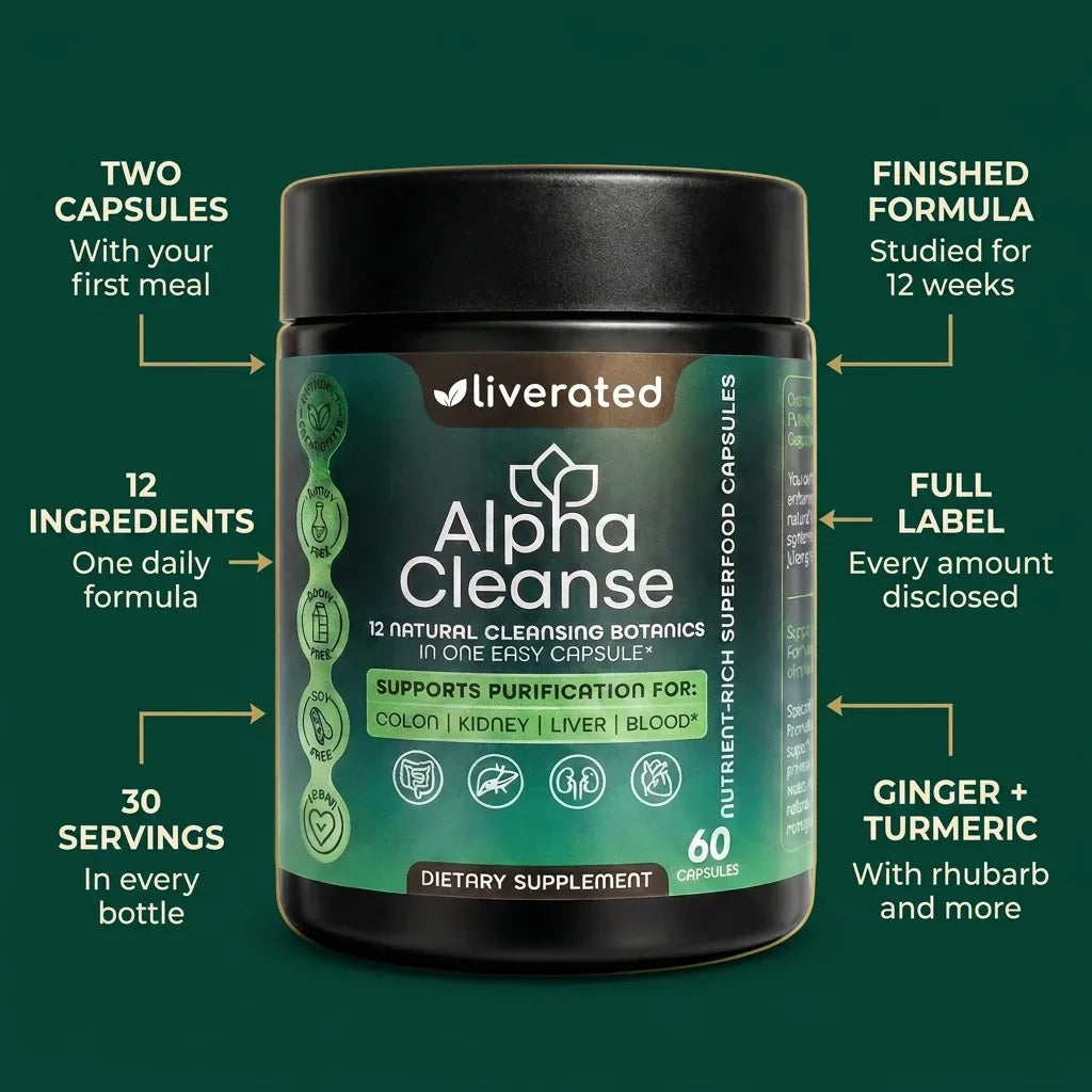 AlphaCleanse bottle with factual callouts