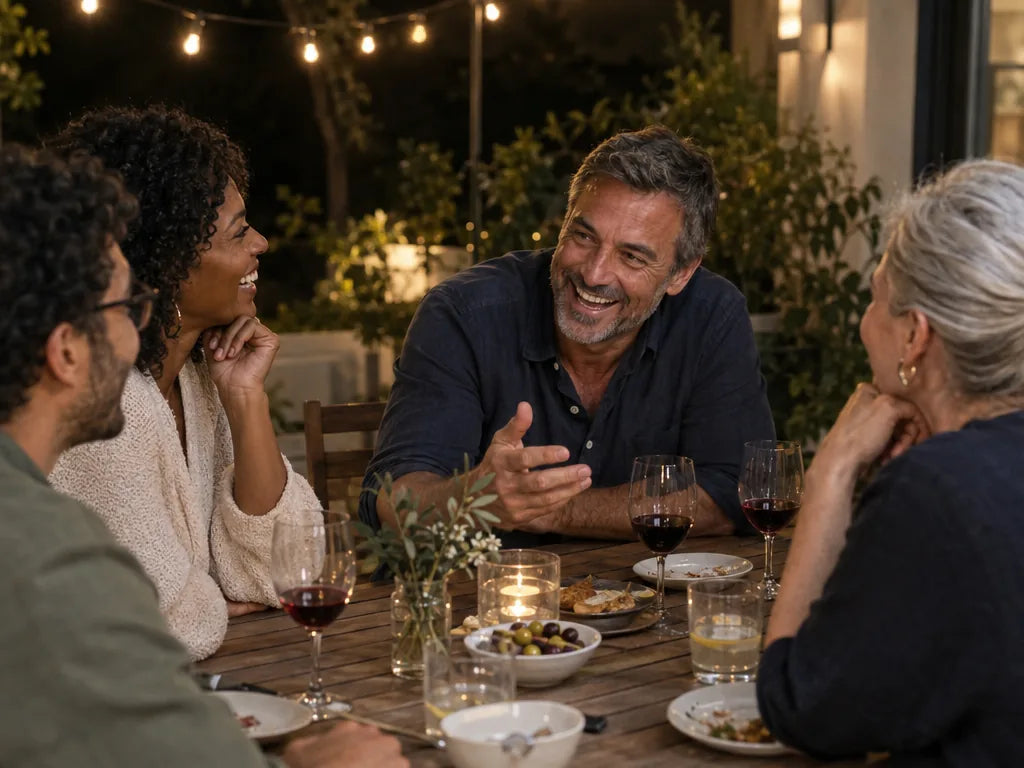 A man with friends on a patio in the evening