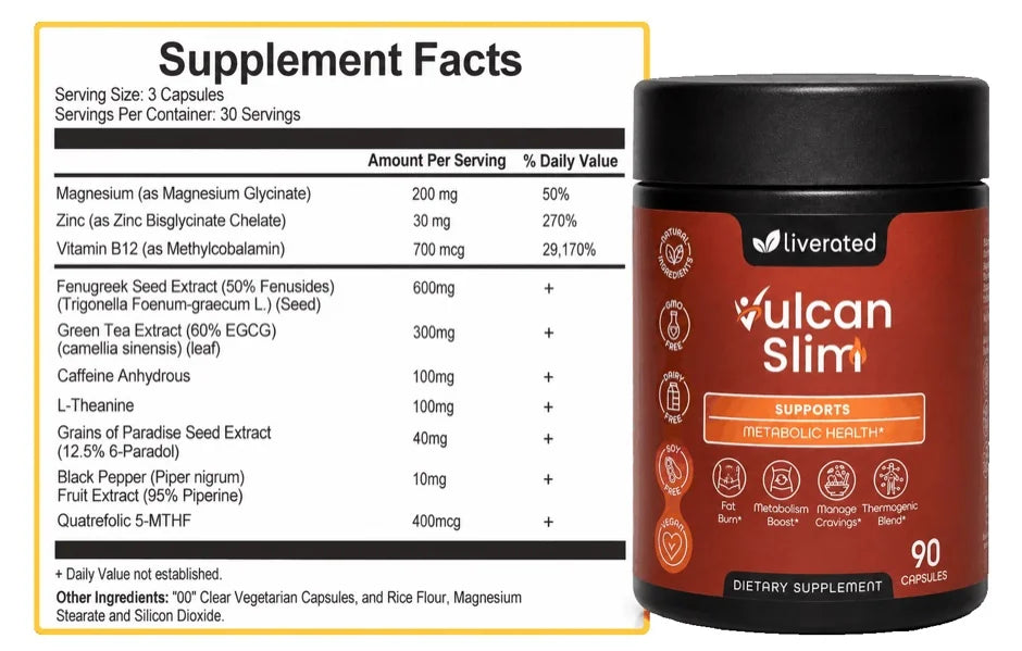 The supplied Supplement Facts panel. Amounts per three-capsule serving.