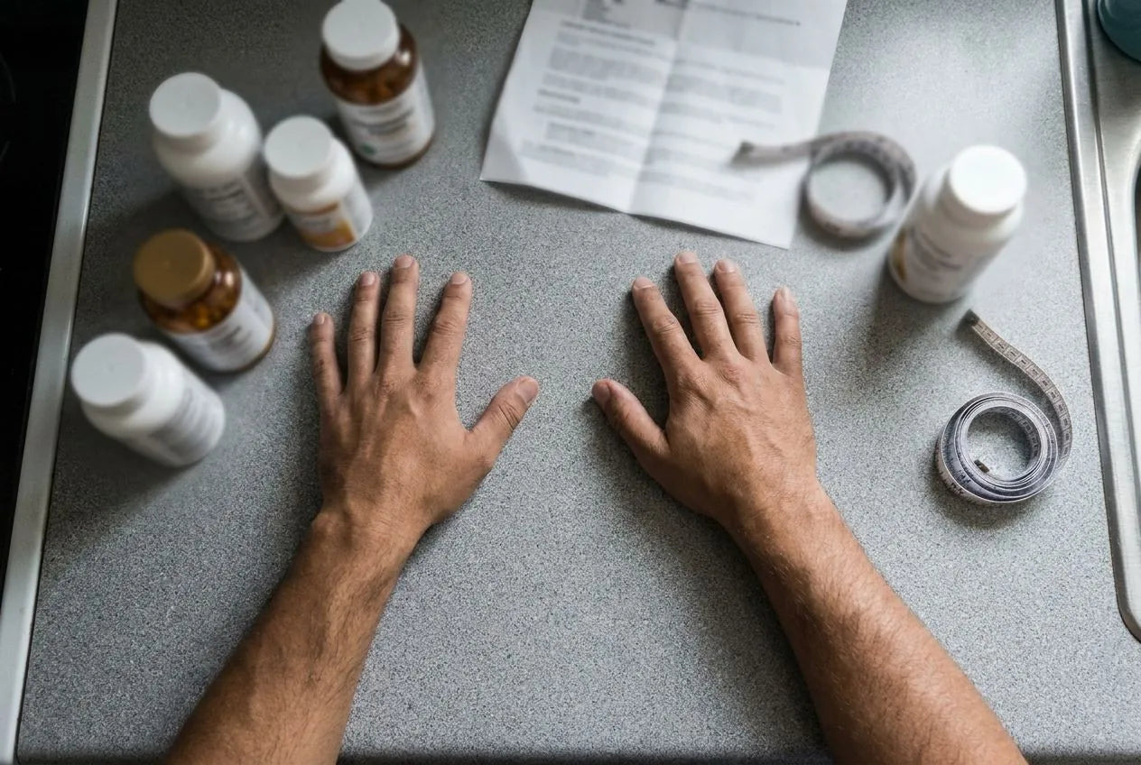 Overhead view of a man's hands on a kitchen counter among supplement bottles and a crumpled meal plan