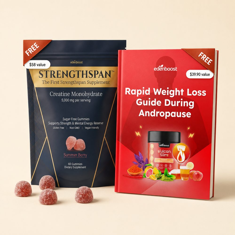 Your free gifts: the Strengthspan creatine gummies pouch ($58 value) and the Rapid Weight Loss Guide During Andropause ($39.90 value)