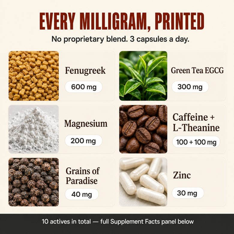 Every milligram printed: fenugreek 600 mg, green tea 300 mg, magnesium 200 mg, caffeine plus L-theanine 100 mg each, grains of paradise 40 mg, zinc 30 mg