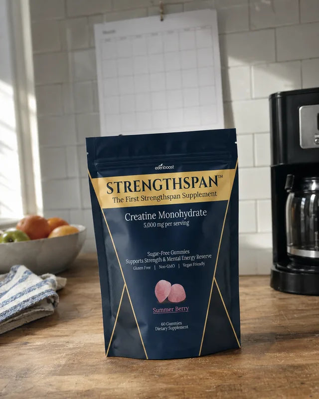 Unopened Strengthspan bag on a kitchen counter beside a wall calendar