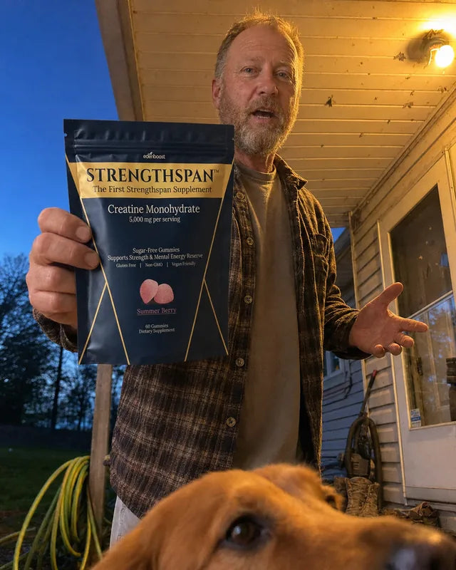 Person holding a Strengthspan bag on a porch