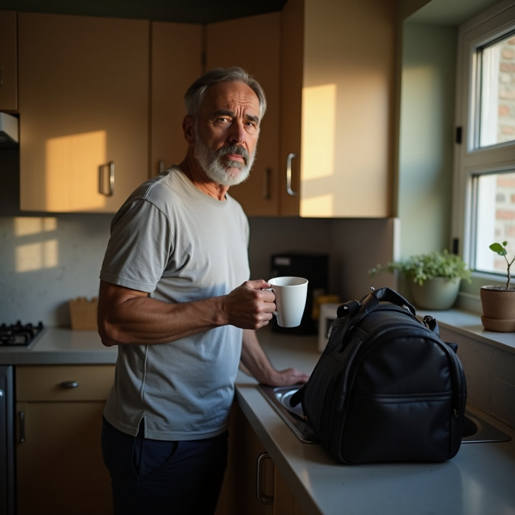 A worn, tired fit man in his early 50s at his kitchen counter
