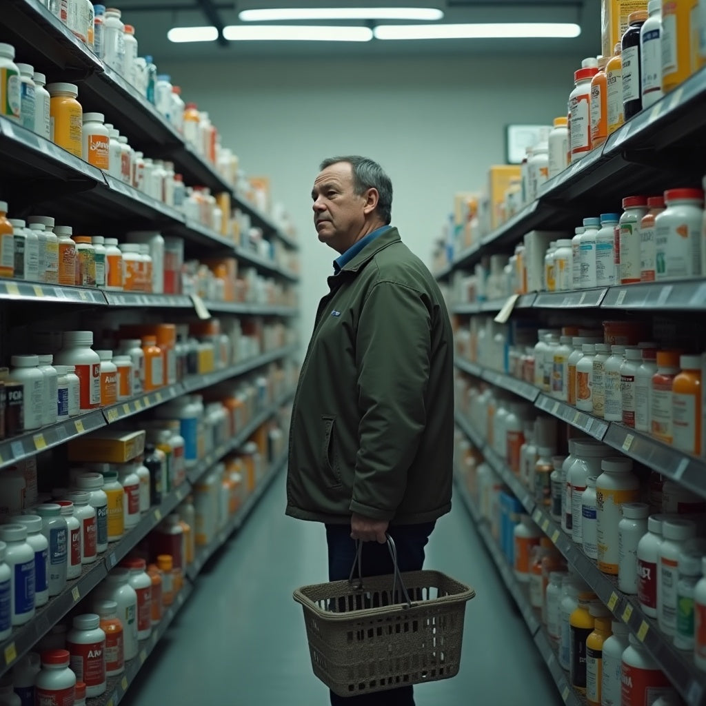An overwhelmed man facing a wall of supplement bottles in a pharmacy aisle