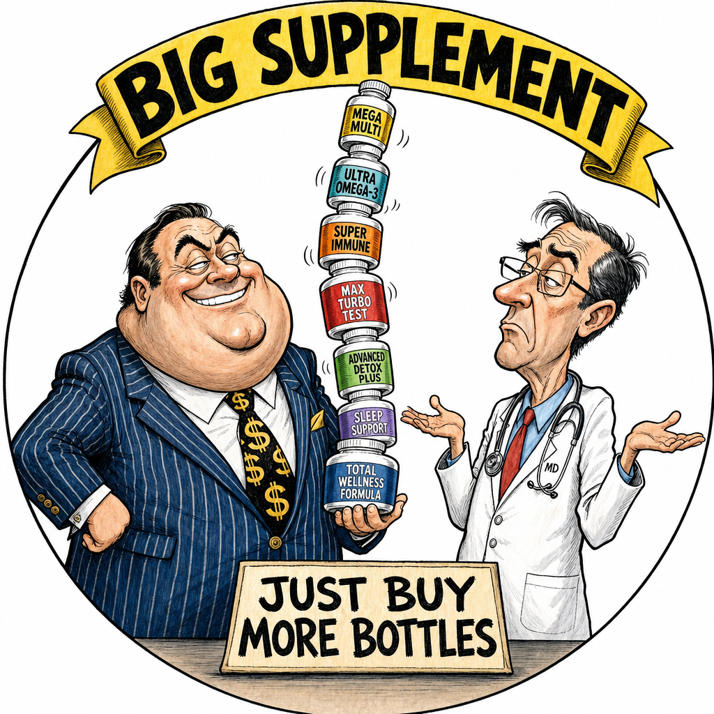 Caricature of Big Supplement: a fat-cat executive and a shrugging doctor pushing 'just buy more bottles'