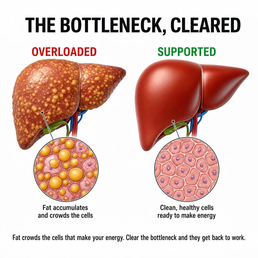 Teaching diagram — an OVERLOADED liver whose cells are crowded by fat (zoom: fat accumulates and crowds the cells) beside a SUPPORTED liver with clean, healthy cells (zoom: clean cells ready to make energy). Caption: fat crowds the cells that make your energy; clear the bottleneck and they get back to work.