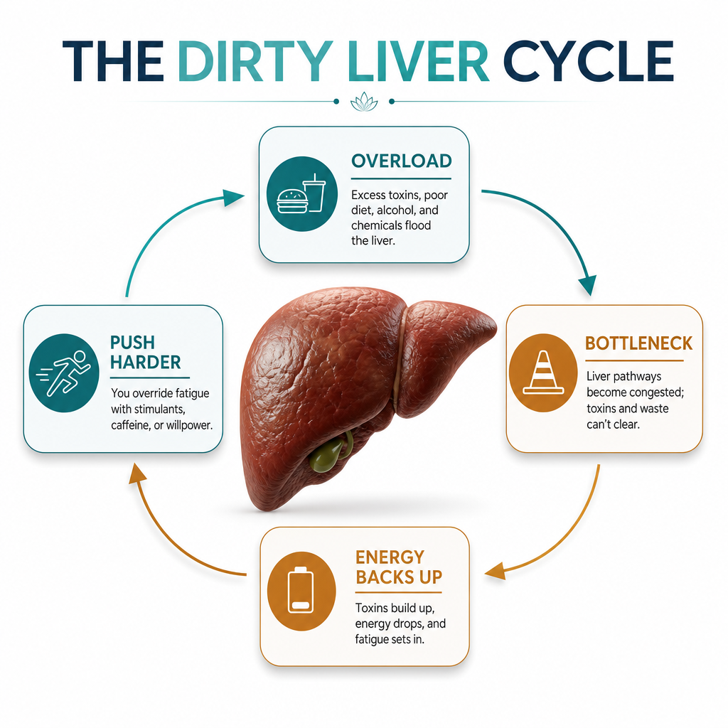 The Dirty Liver Cycle: overload, bottleneck, energy backs up, push harder, repeating