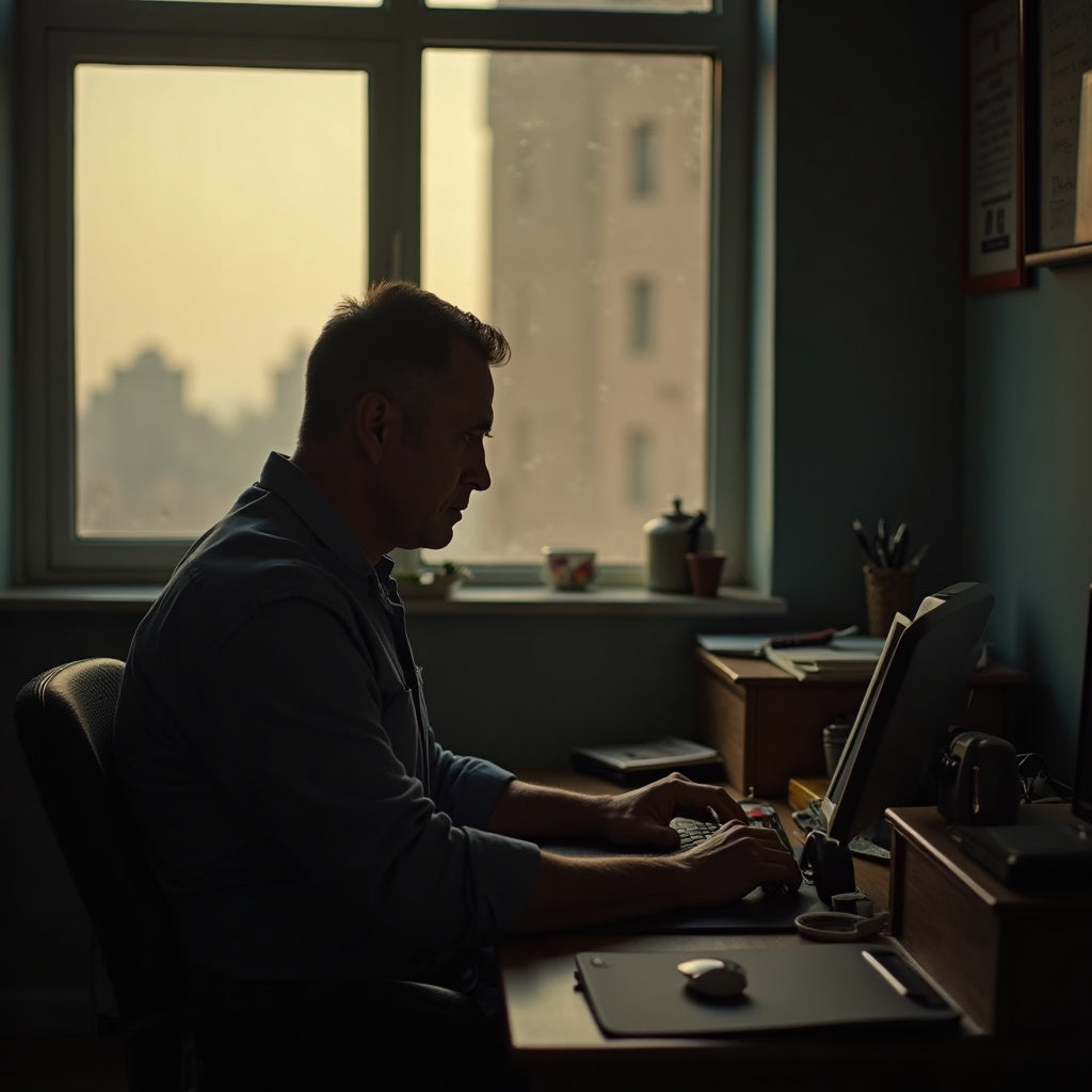 A drained, faded man alone at his desk in late-afternoon light