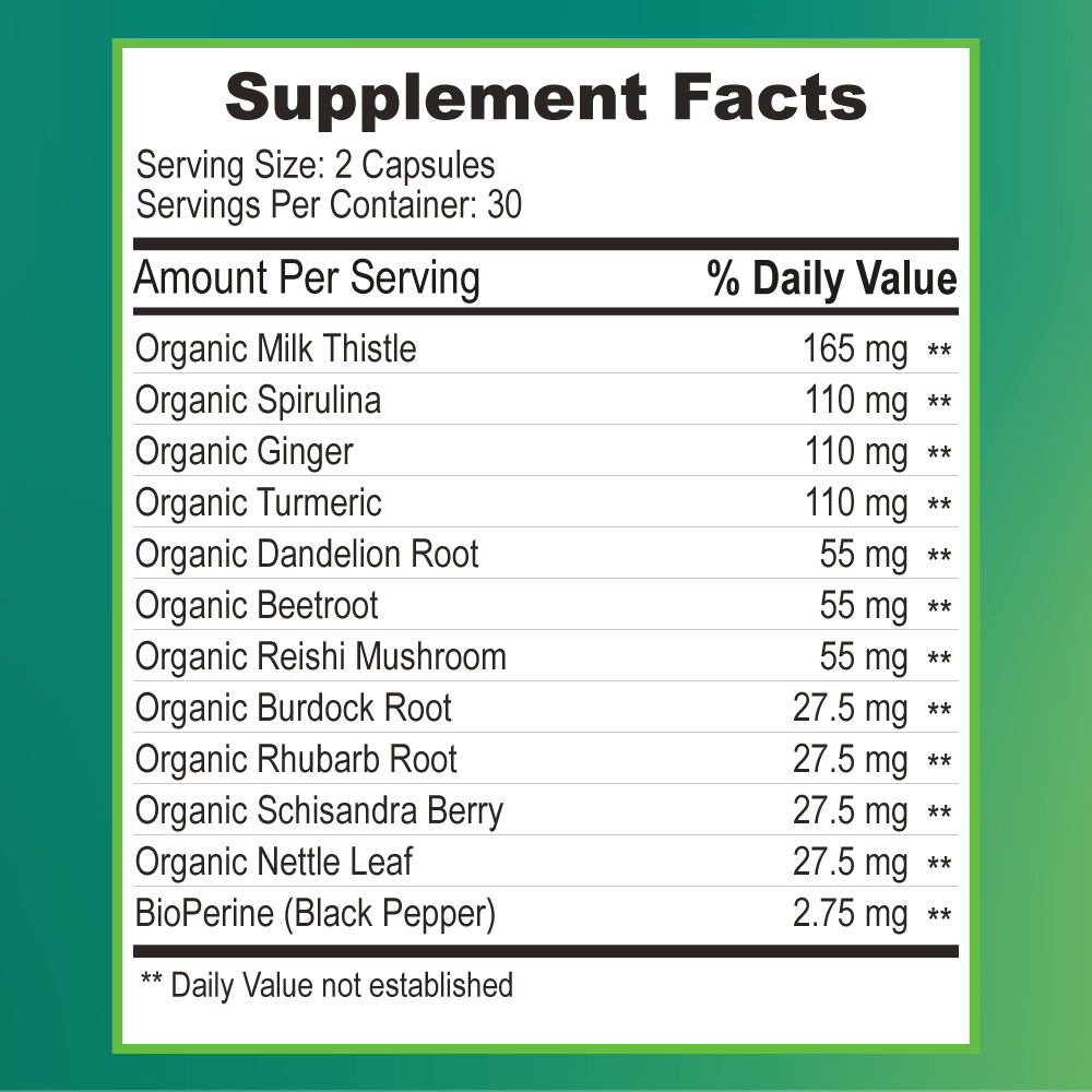 AlphaCleanse Supplement Facts panel — 12 organic botanicals with per-serving milligrams, no proprietary blend