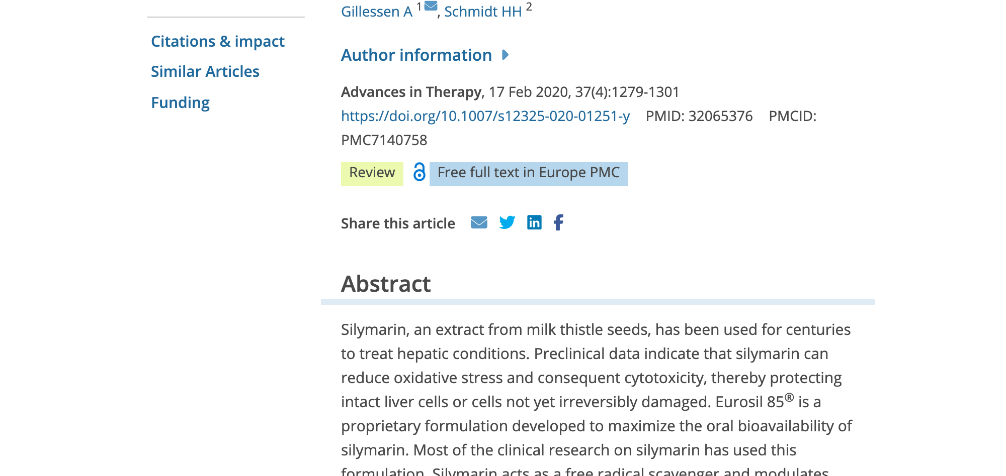 PubMed / Europe PMC citation of the silymarin liver review