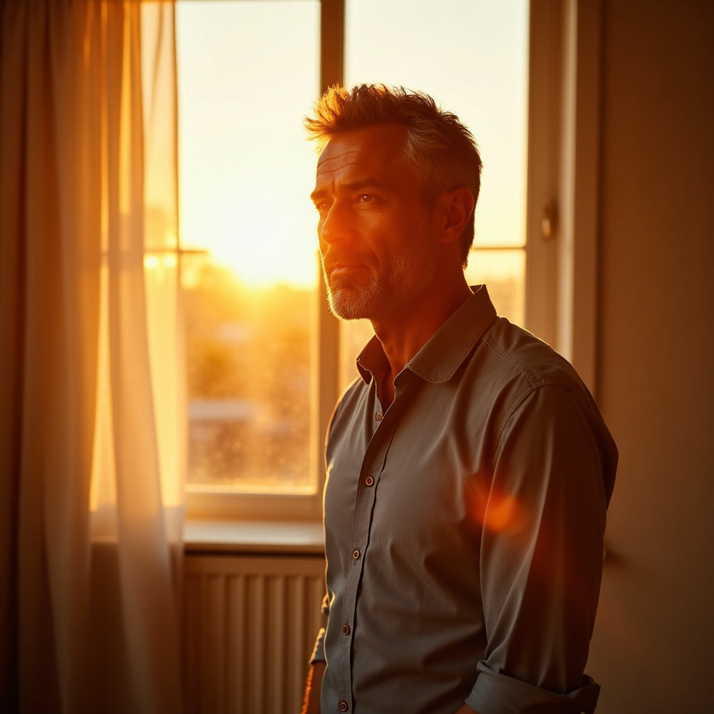 An energized, present man in his 50s in golden-hour light