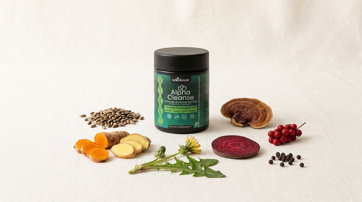 AlphaCleanse bottle surrounded by its botanical ingredients