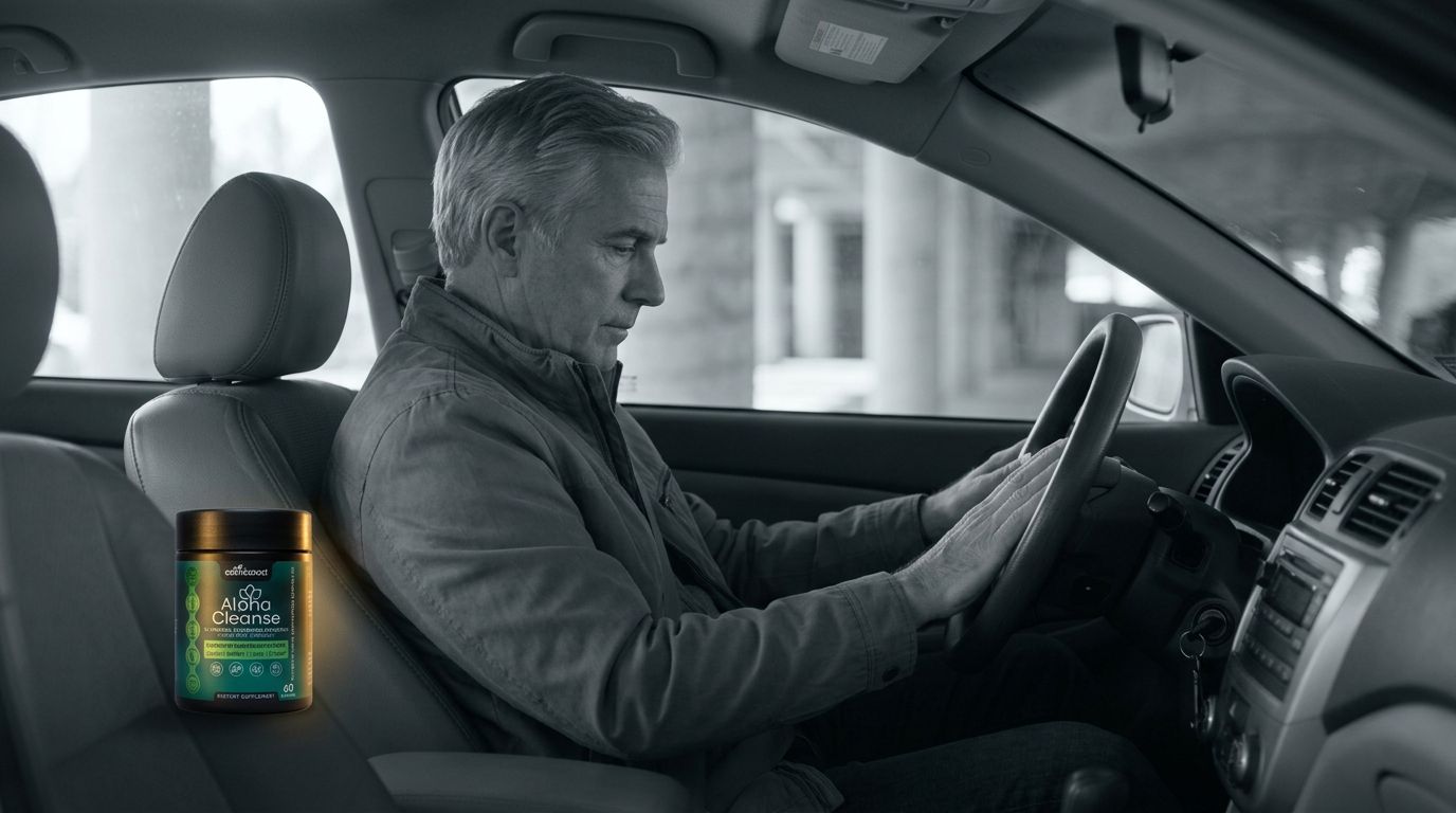Man in a parked car after his fatty liver diagnosis, AlphaCleanse bottle on the seat