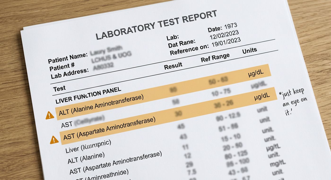 Lab report with borderline ALT and AST flagged