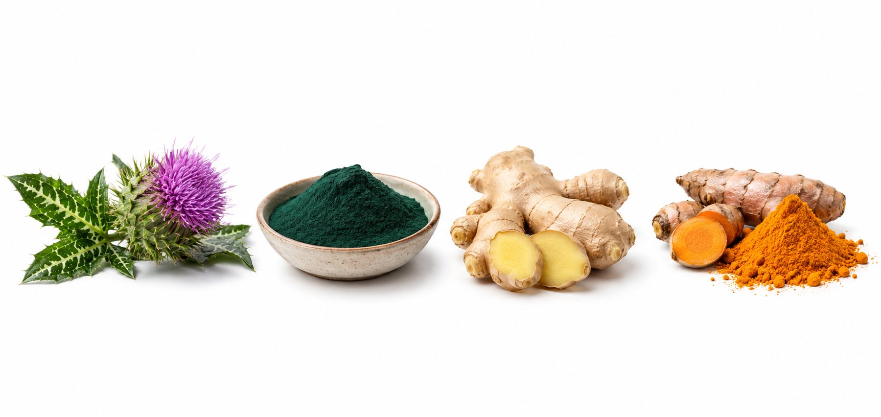 Milk thistle, spirulina, ginger and turmeric