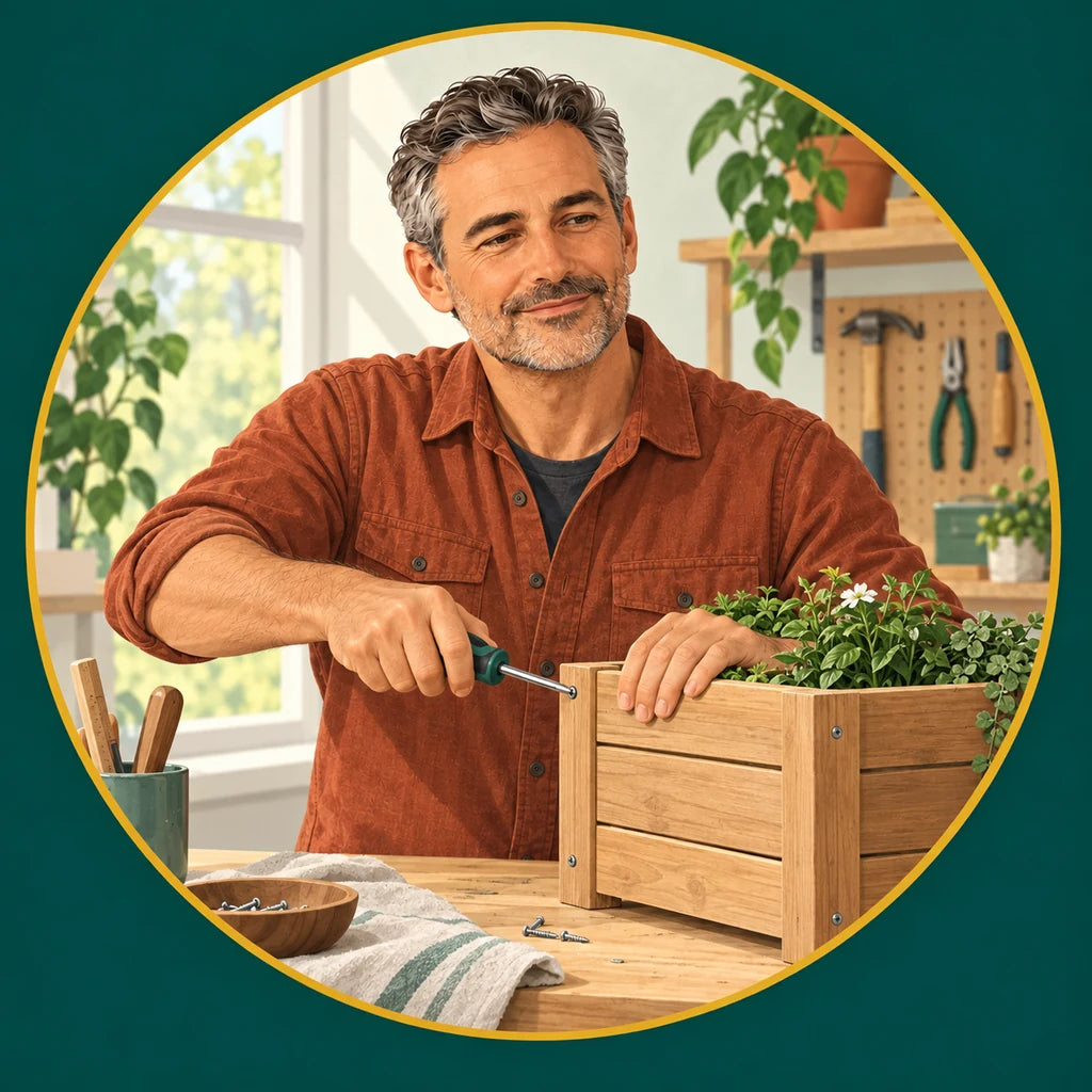 Fictional illustration of the same man building a wooden planter