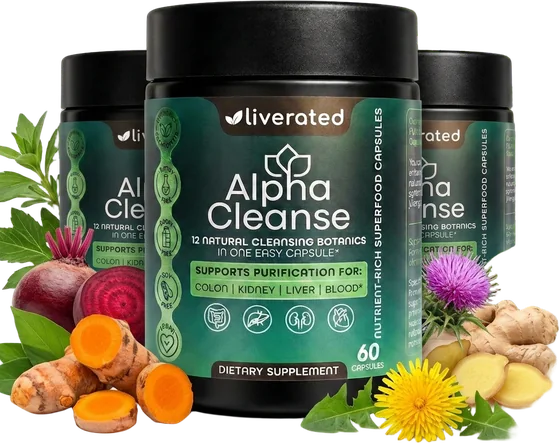 Three AlphaCleanse bottles with botanicals