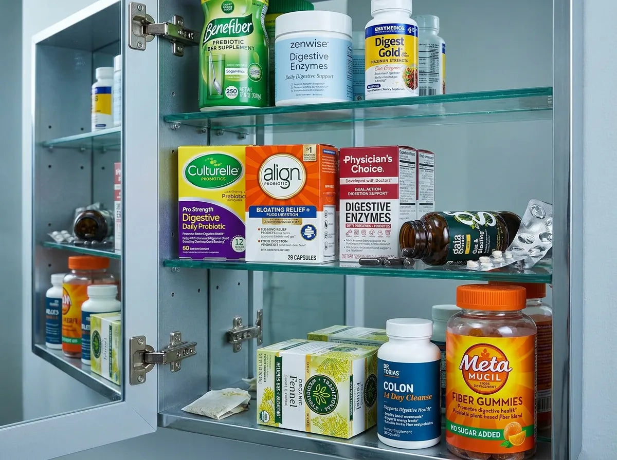An open bathroom cabinet crowded with digestive enzymes, probiotics, gas relief capsules, fiber, a colon cleanse and digestive tea