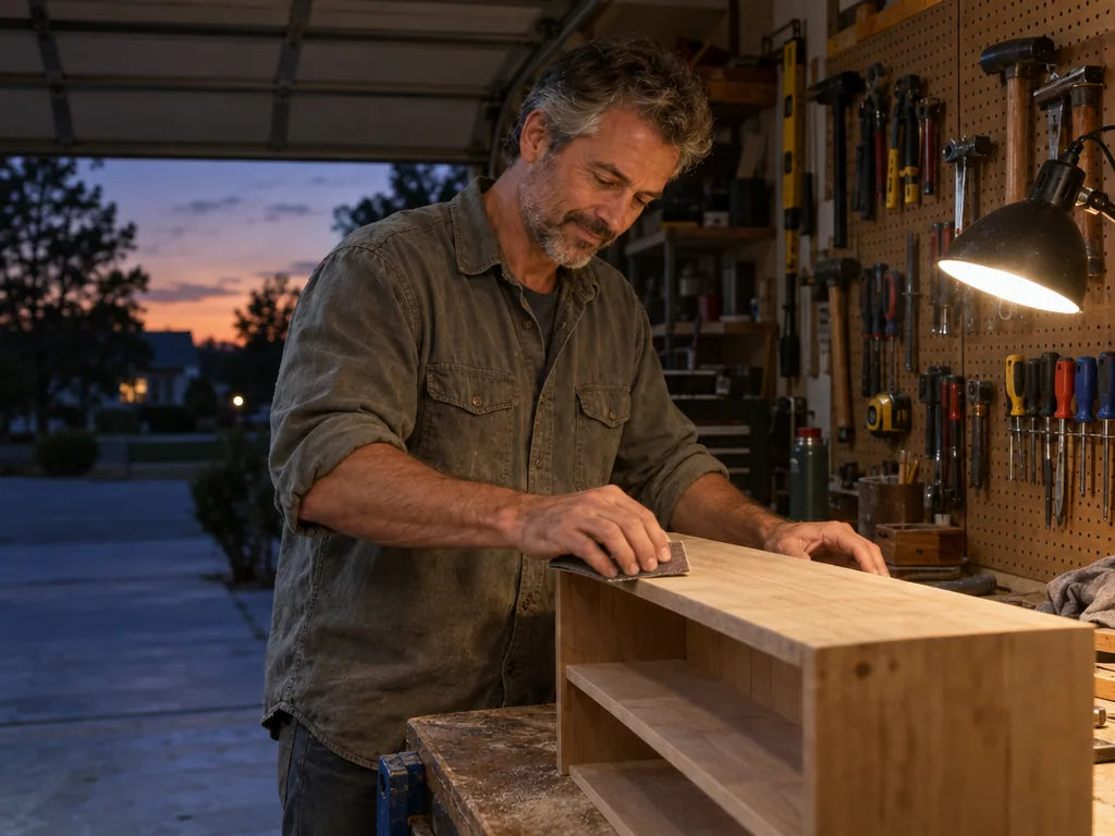 A man at a garage workbench in the evening