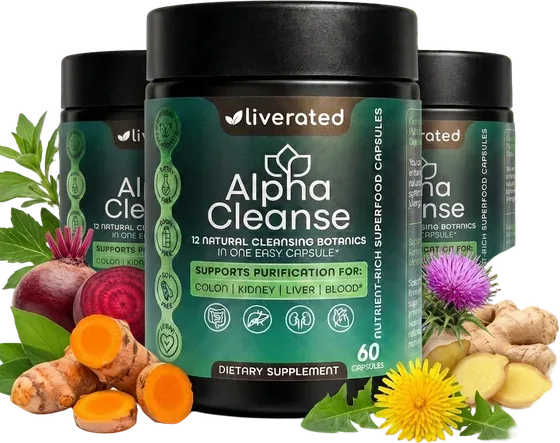 Three AlphaCleanse bottles with botanicals
