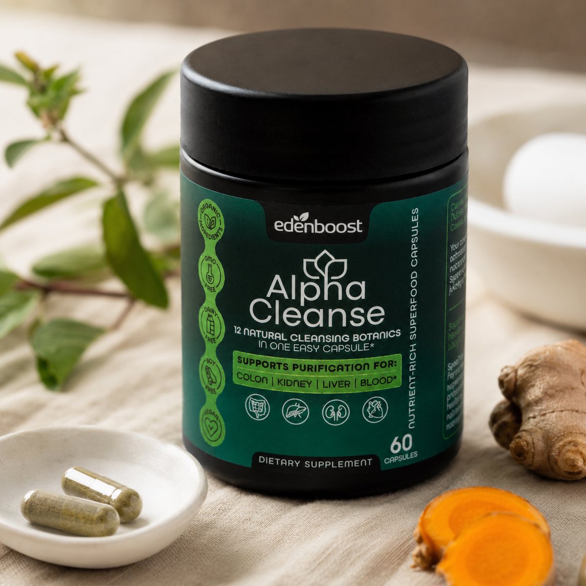 AlphaCleanse bottle with capsules in a ceramic dish