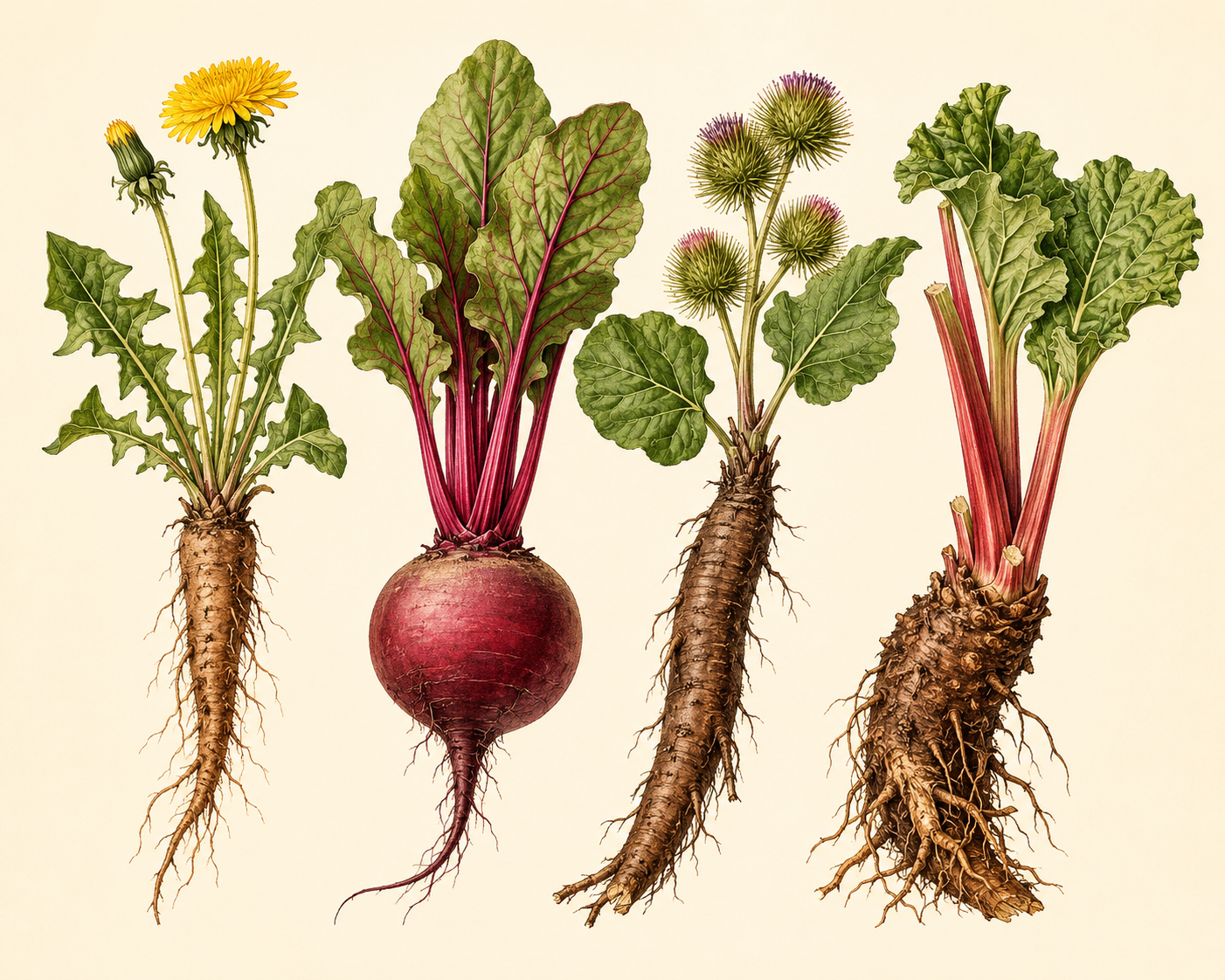 Dandelion, Beetroot, Burdock, Rhubarb