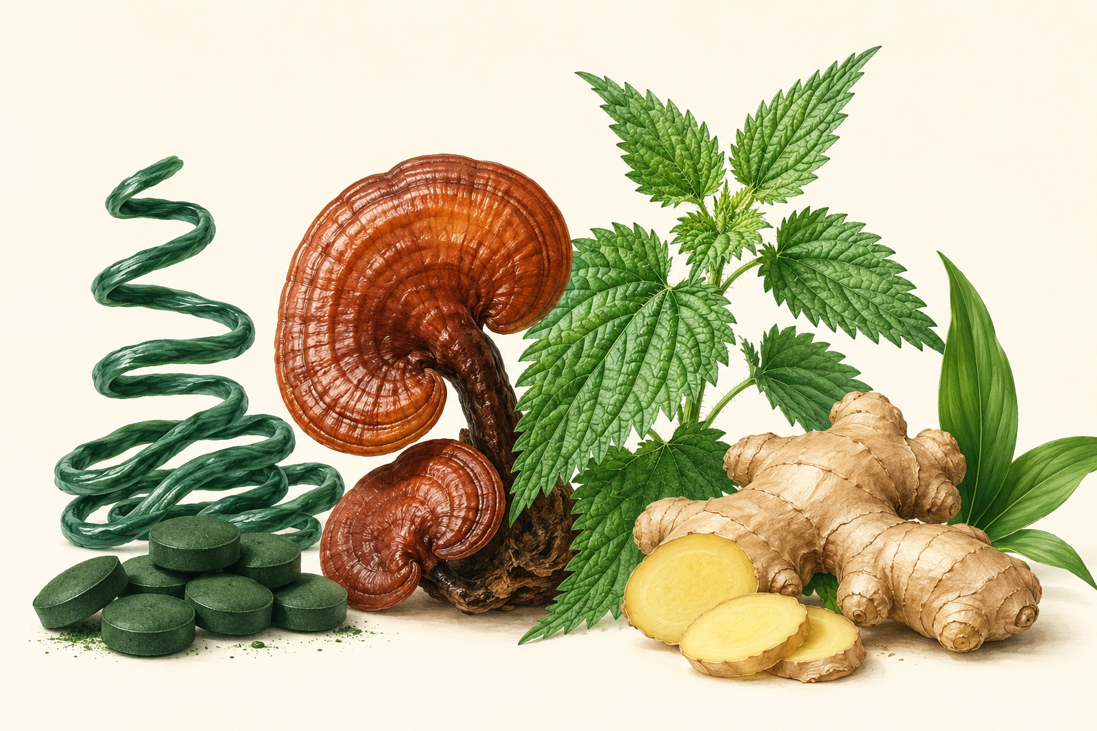 Spirulina, Reishi, Nettle, Ginger
