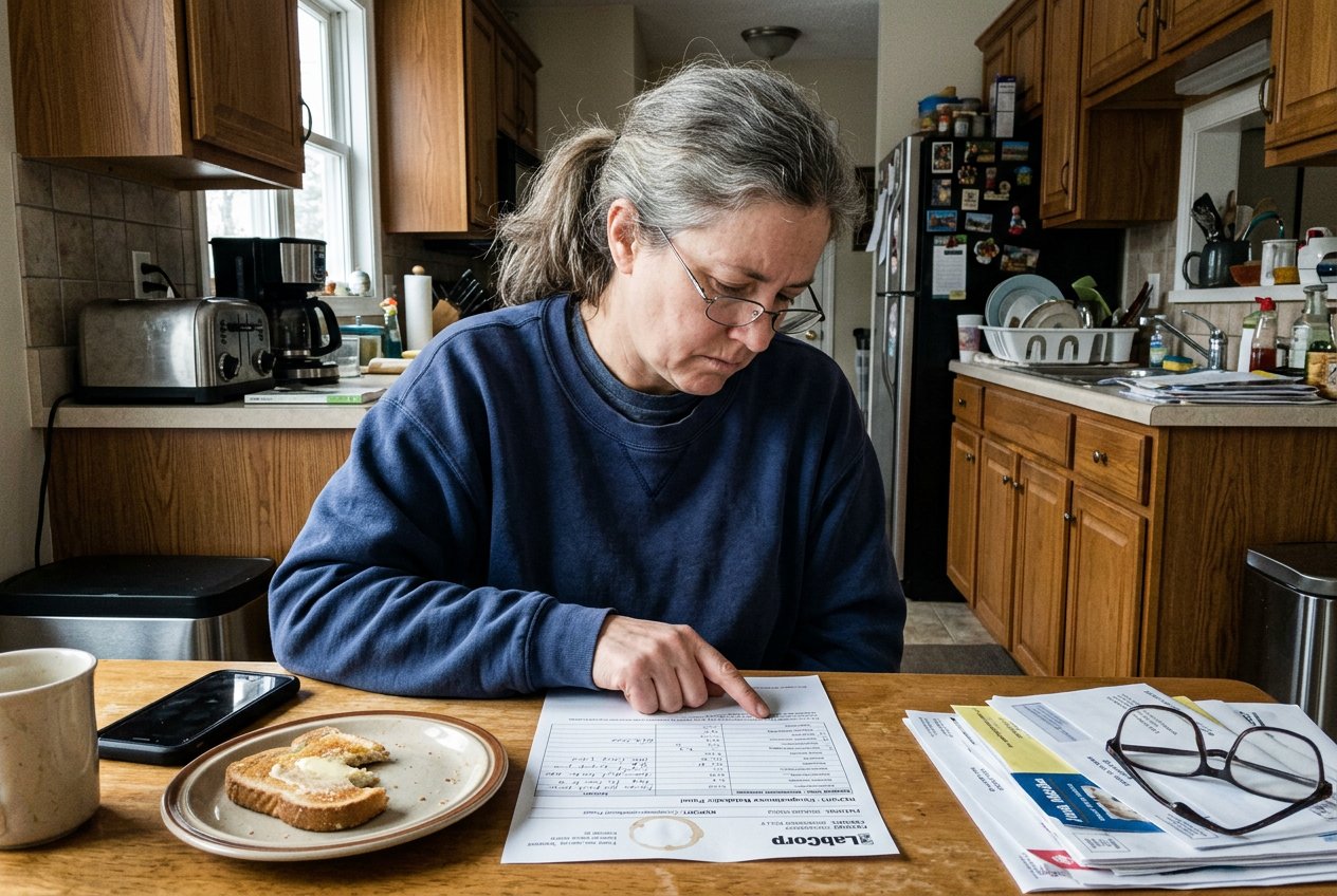 A person in morning light at their kitchen table, studying a printed blood test report with liver enzyme values highlighted