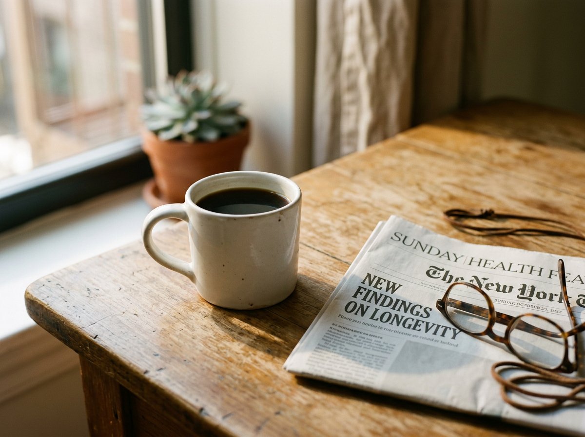 Still-life of a ceramic mug of cold untouched coffee on a wooden kitchen table beside a folded New York Times