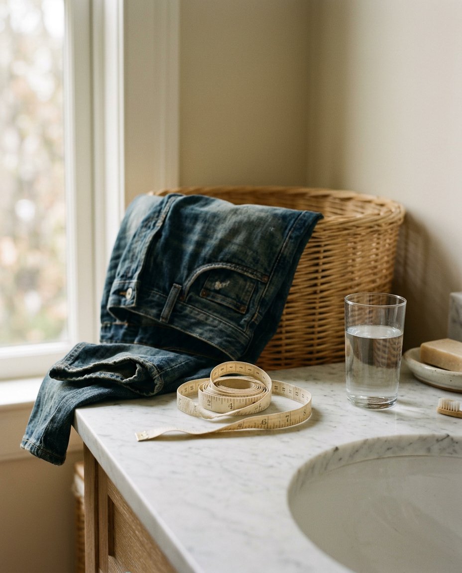 Still-life of a soft cloth tape measure coiled on a bathroom counter with a pair of folded dark jeans nearby