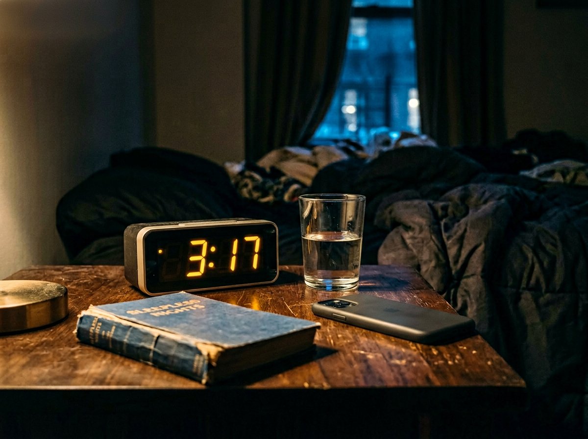 Still-life of a dim bedroom nightstand at night showing a digital clock reading 3:17 a glass of water and a face-down phone