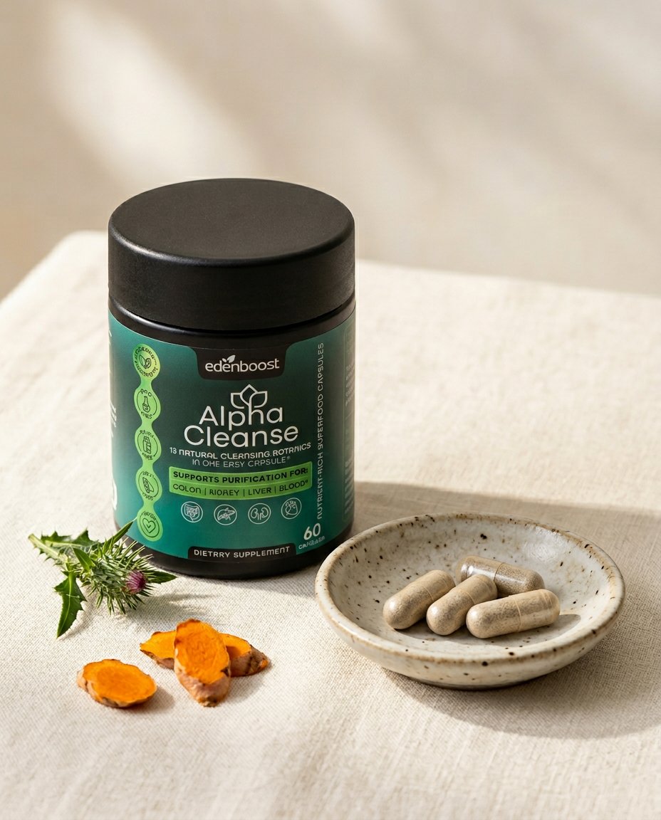 AlphaCleanse bottle on cream linen surface beside a small ceramic dish of beige veggie capsules with fresh milk thistle and turmeric root slices around the base