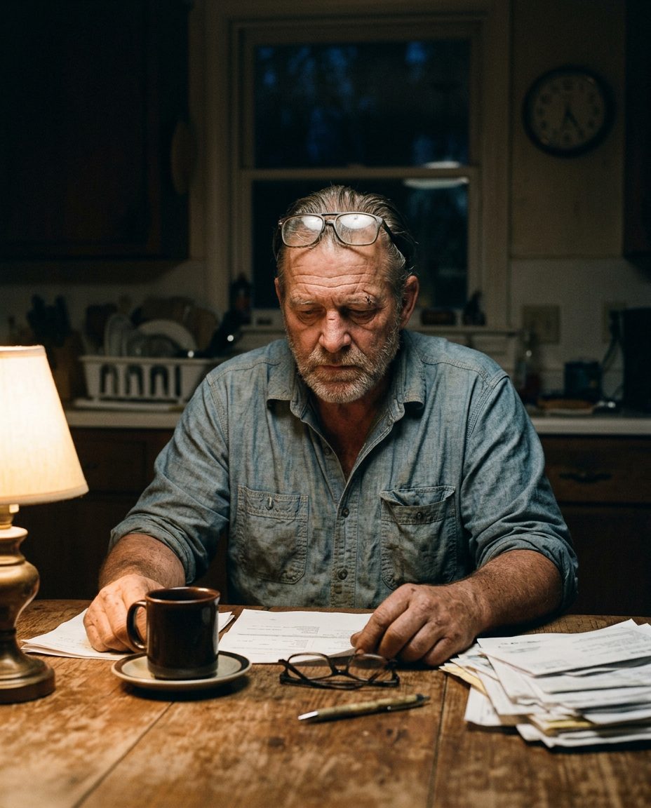 A man in his fifties sitting alone at a kitchen table before dawn, looking down, mid-thought.