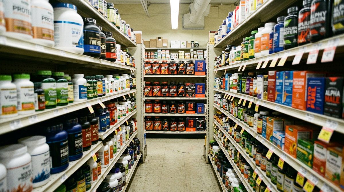 A supplement store aisle with a section of aggressive red-and-black men's testosterone-booster bottles.