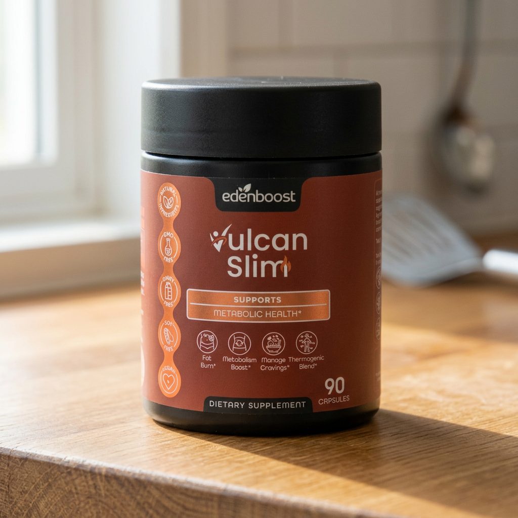 VulcanSlim by Liverated, a matte-black supplement jar with a rust-colored label, on a kitchen counter.