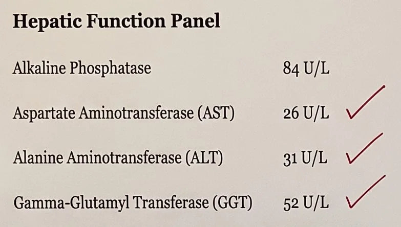 Gary's September liver panel: AST 26, ALT 31 and GGT 52, ticked in range