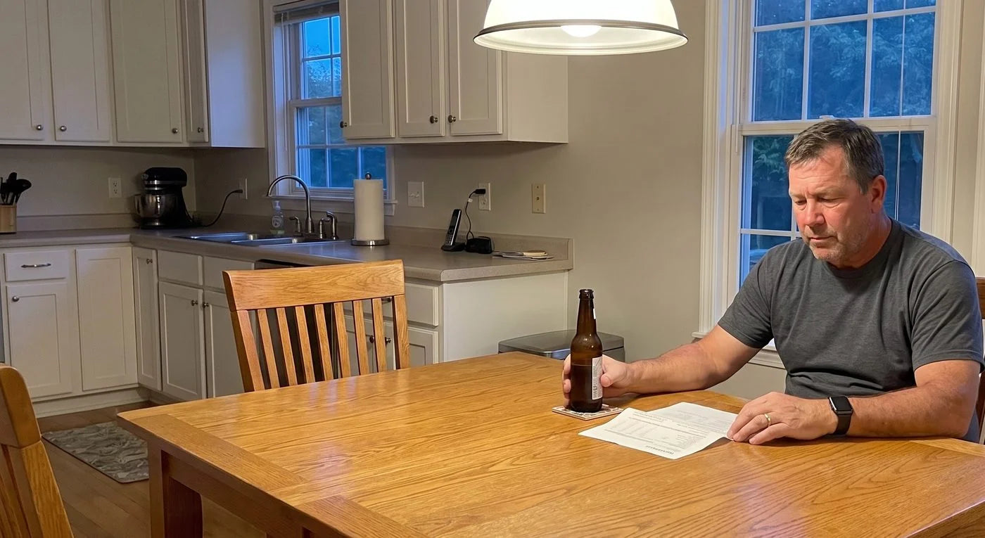 Gary at the kitchen table at dusk with a beer and his lab printout
