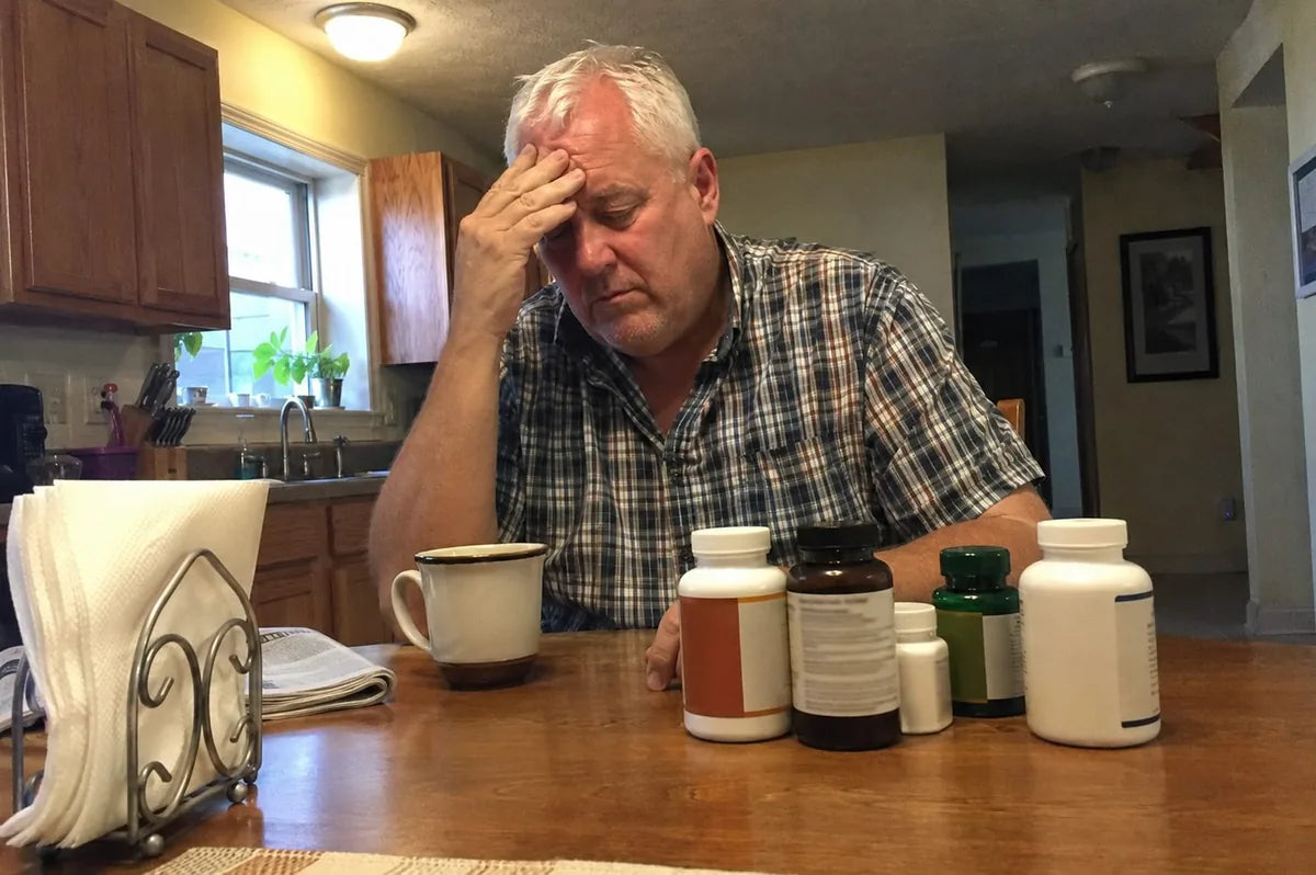 Ray at the kitchen table in the morning, tired, with a coffee mug and a cluster of unlabeled supplement bottles