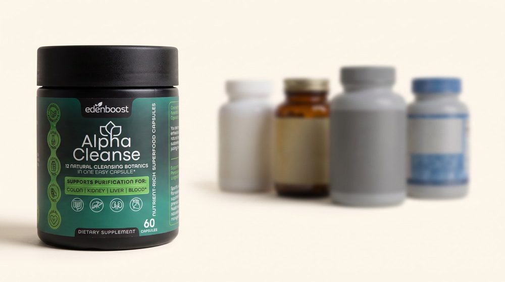 AlphaCleanse in sharp focus beside other liver supplements out of focus