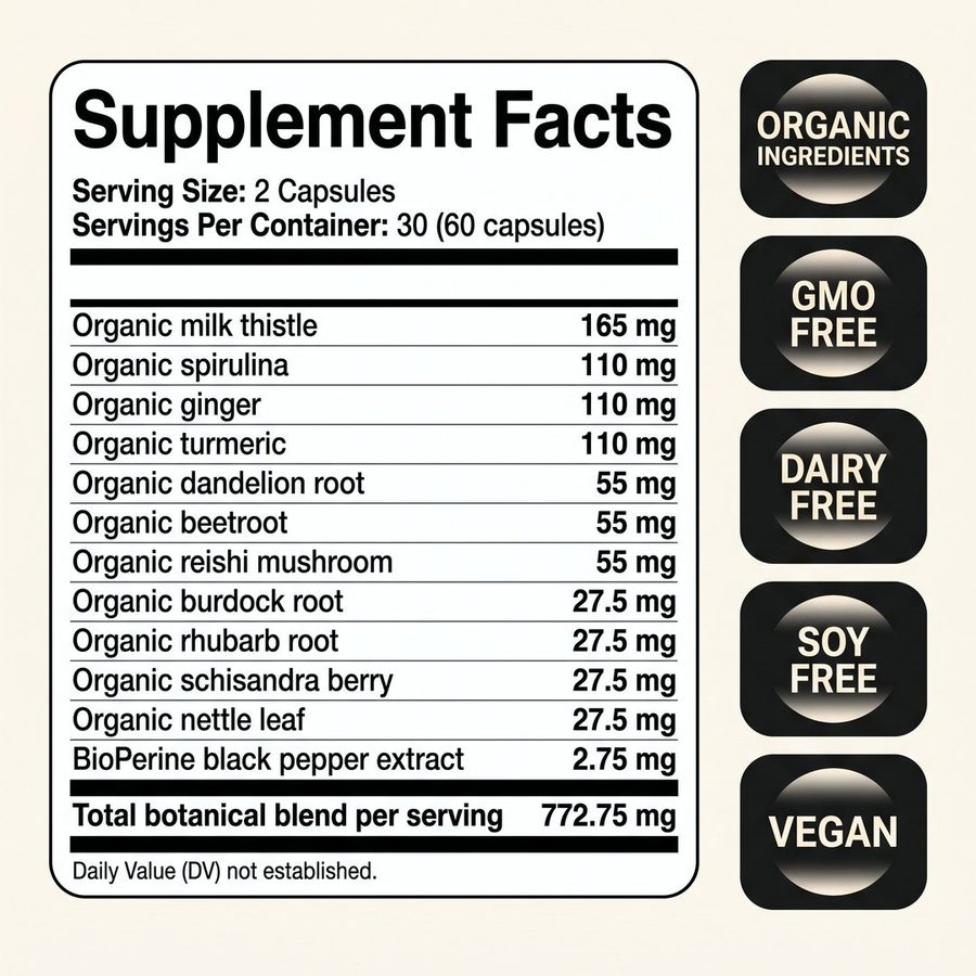 The full Supplement Facts panel: 12 botanicals totalling 772.75 mg per 2-capsule serving