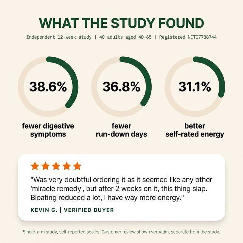 What the study found: 38.6% fewer digestive symptoms, 36.8% fewer run-down days, 31.1% better energy
